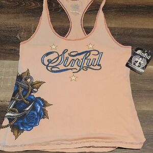 Sinful Women's Pink Tank Top with Blue Rose Design